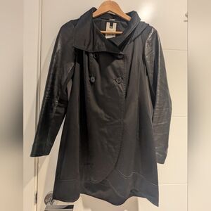 Soia & Kyo Black Double-Breasted Trench Coat with Leather-Look Sleeves